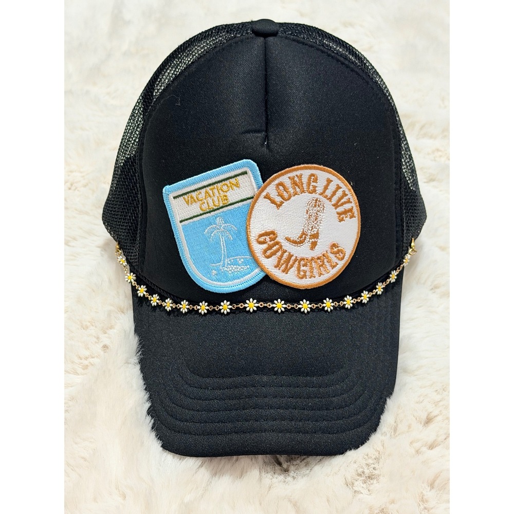 Otto Black Mesh Trucker Hat Long Live Cowgirls Vacation Club Patches Daisy Trim